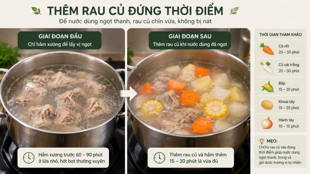 Thêm rau củ đúng thời điểm khi hầm nước dùng