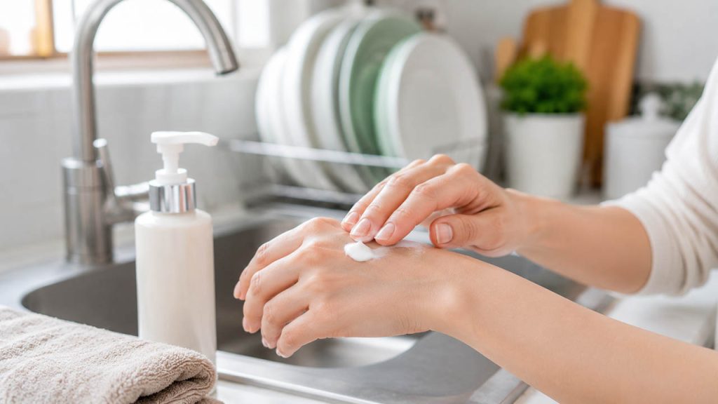 Thoa kem dưỡng ẩm sau khi rửa chén giúp da tay mềm mại hơn