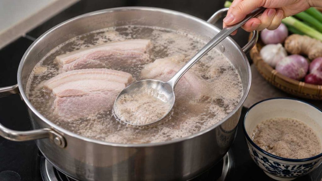 Hớt bọt thường xuyên khi luộc thịt heo để nước trong và không có mùi hôi