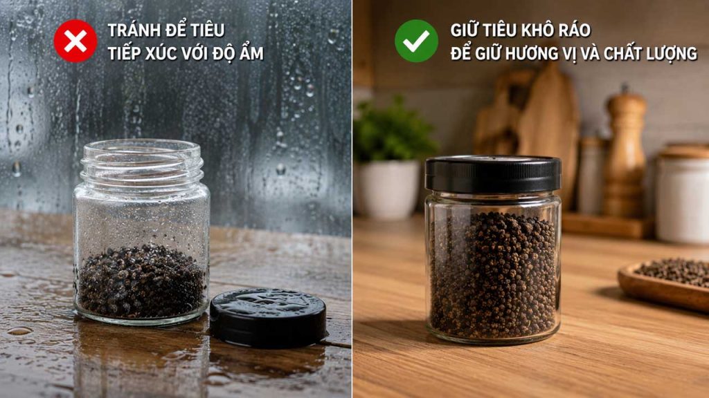 Tránh để hạt tiêu xay tiếp xúc với độ ẩm khi bảo quản