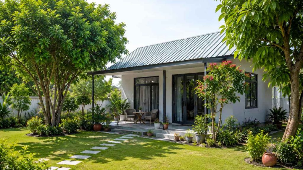 Trồng cây xanh quanh nhà giúp giảm nhiệt cho nhà mái tôn