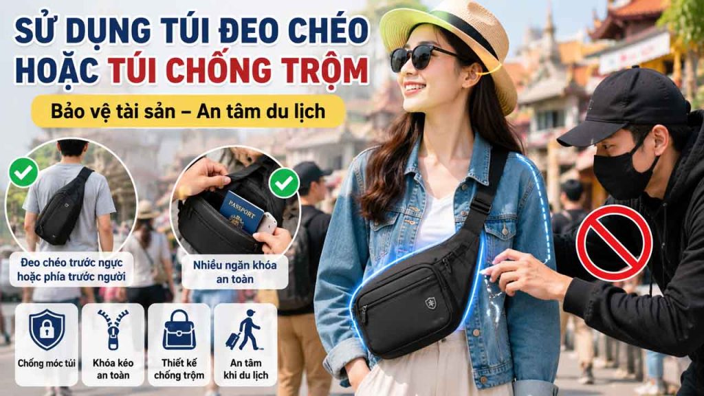 Sử dụng túi đeo chéo chống trộm để bảo vệ tài sản khi đi du lịch đông người