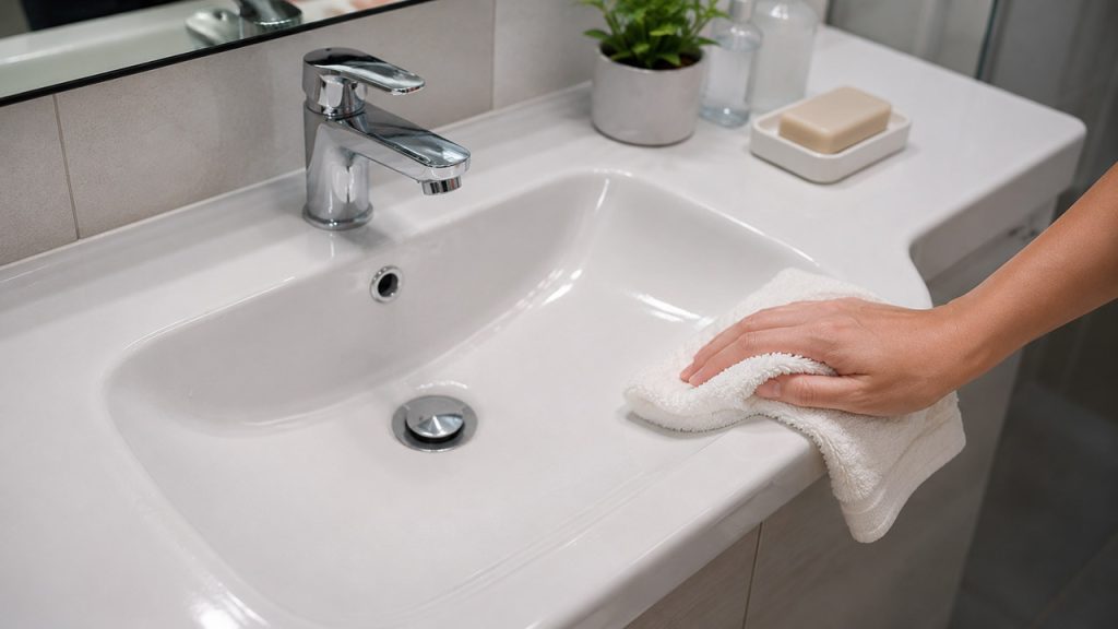Lau khô bồn rửa mặt sau khi sử dụng để hạn chế ố vàng