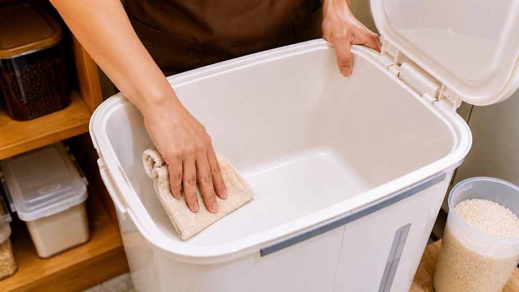 Lau chùi thùng đựng gạo sạch sẽ trước khi cho gạo mới vào
