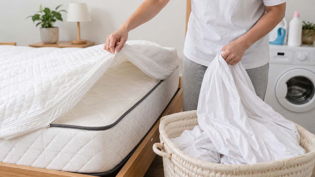 Tháo ga trải giường và vỏ nệm để giặt sạch mùi nước tiểu