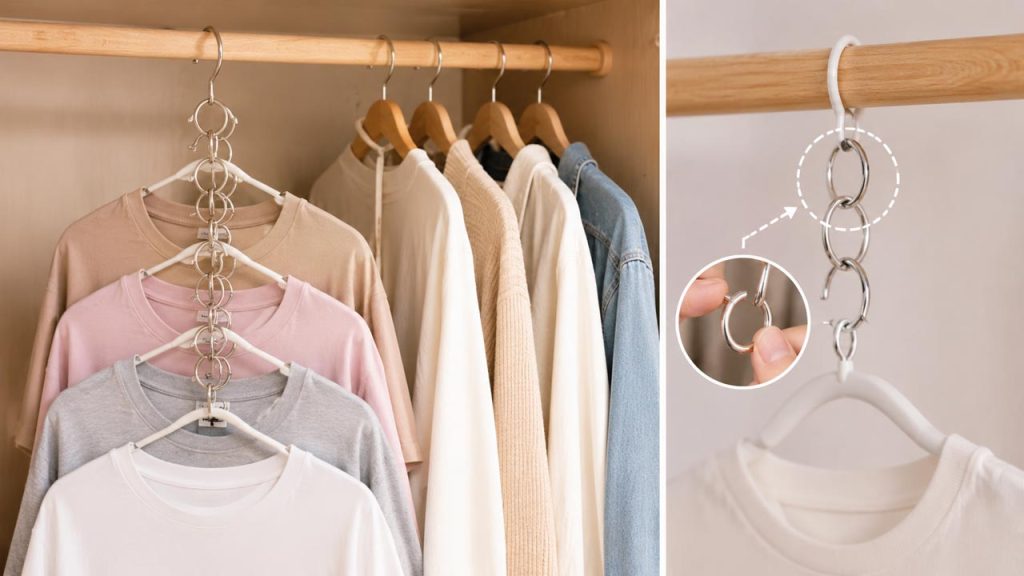 Sử dụng vòng khoen kết nối móc treo giúp tăng sức chứa tủ quần áo nhỏ