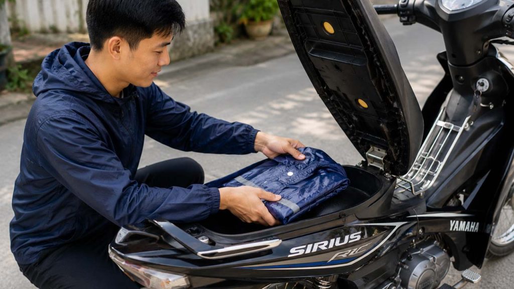 Gấp gọn áo mưa và cất vào cốp xe máy đúng cách