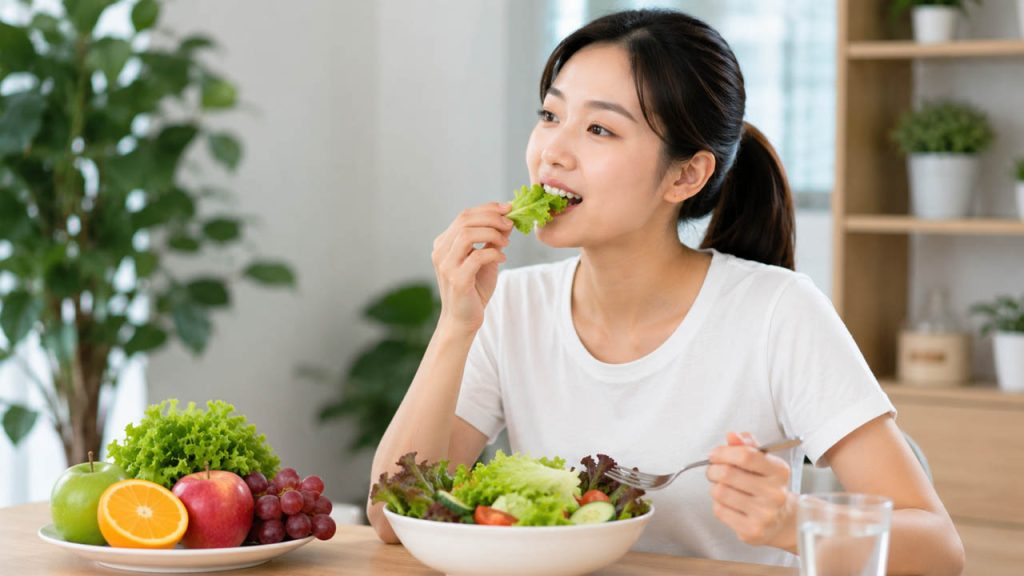 Ăn rau xanh và trái cây giòn giúp làm sạch răng tự nhiên