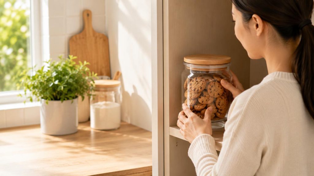 Bảo quản bánh quy ở nơi khô ráo, thoáng mát để giữ chất lượng và độ giòn lâu hơn.