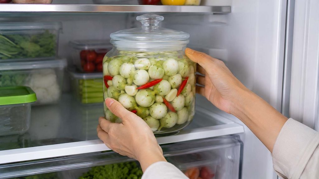 Đặt hũ cà pháo muối đã đạt độ chua vào ngăn mát tủ lạnh