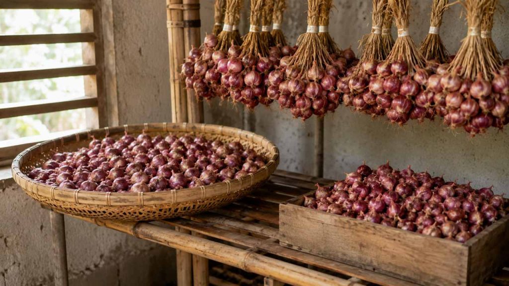 Bảo quản hành tím ở nơi khô ráo và thông thoáng giúp hạn chế mọc mầm
