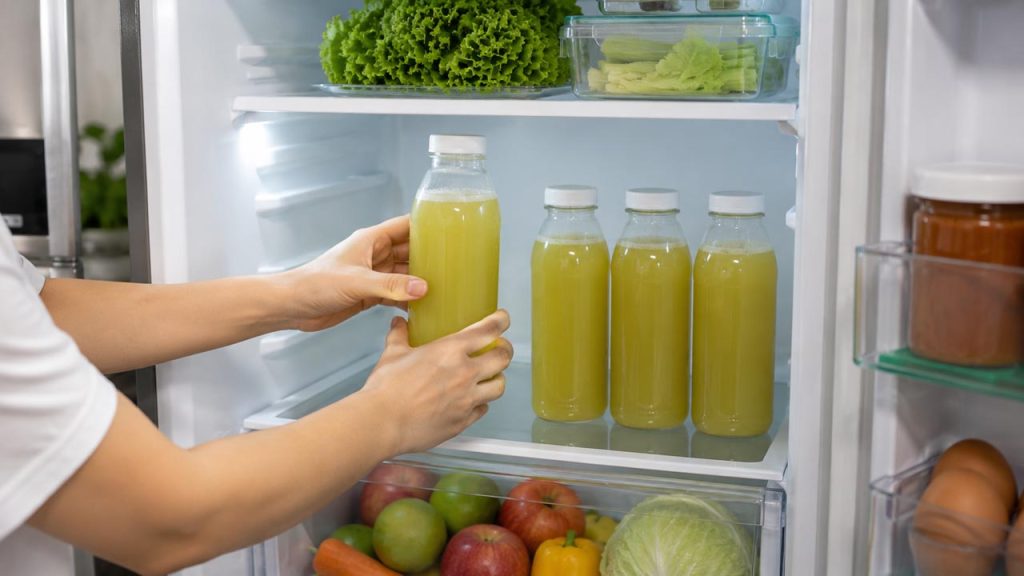 Đặt các chai nước mía vào ngăn mát tủ lạnh ngay sau khi ép để giữ nước tươi lâu