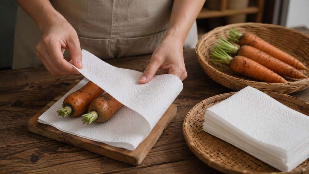 Bọc cà rốt bằng khăn giấy giúp giữ độ giòn