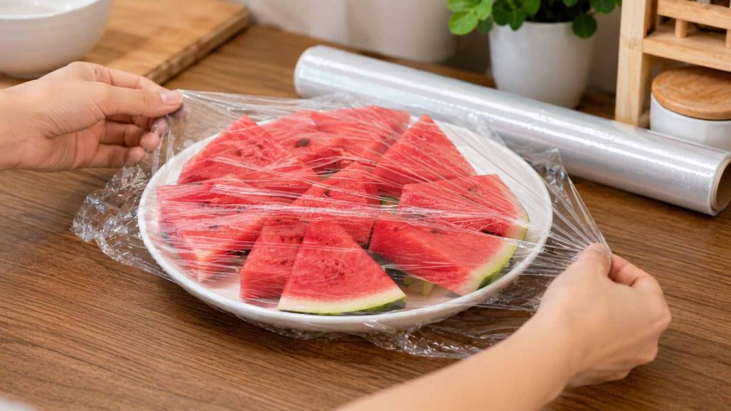Bọc kín dĩa dưa hấu đã cắt bằng màng bọc thực phẩm