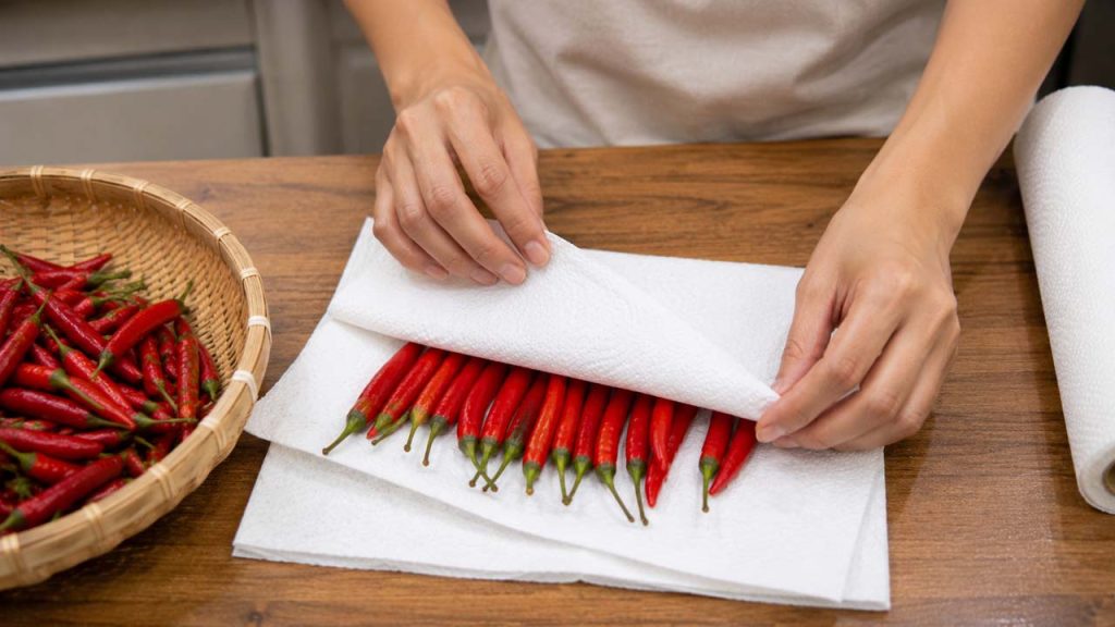 Bọc ớt bằng khăn giấy khô giúp hút ẩm và giữ ớt tươi lâu