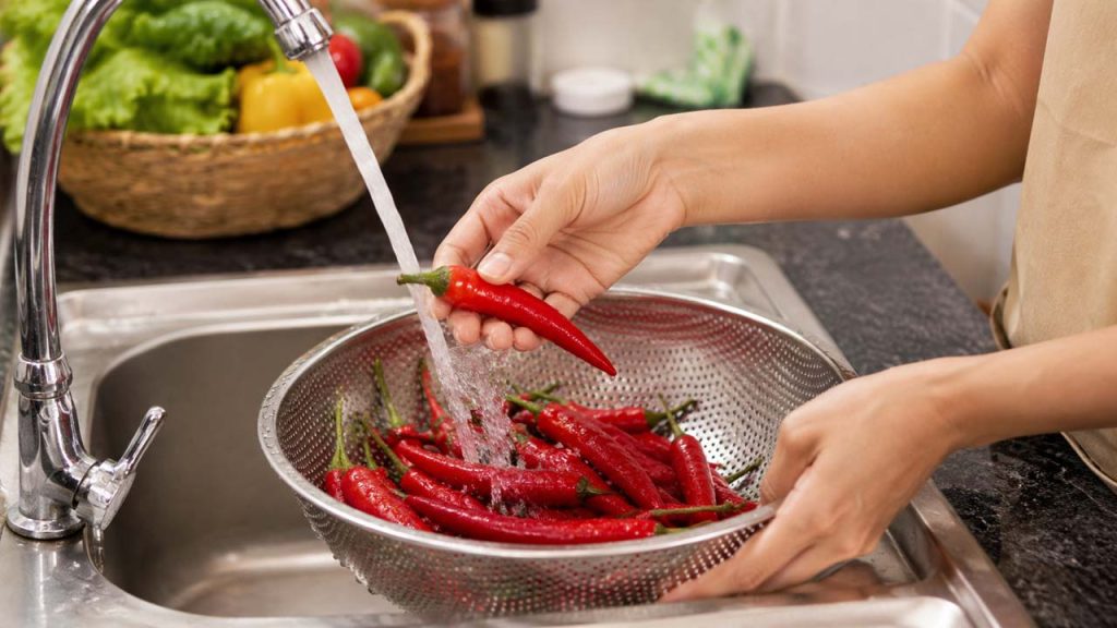 Chỉ rửa ớt ngay trước khi sử dụng để hạn chế hơi ẩm và giữ ớt tươi lâu