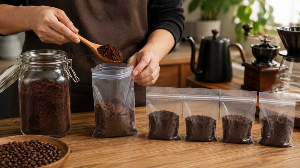 Chia nhỏ cà phê rang xay thành nhiều phần để bảo quản