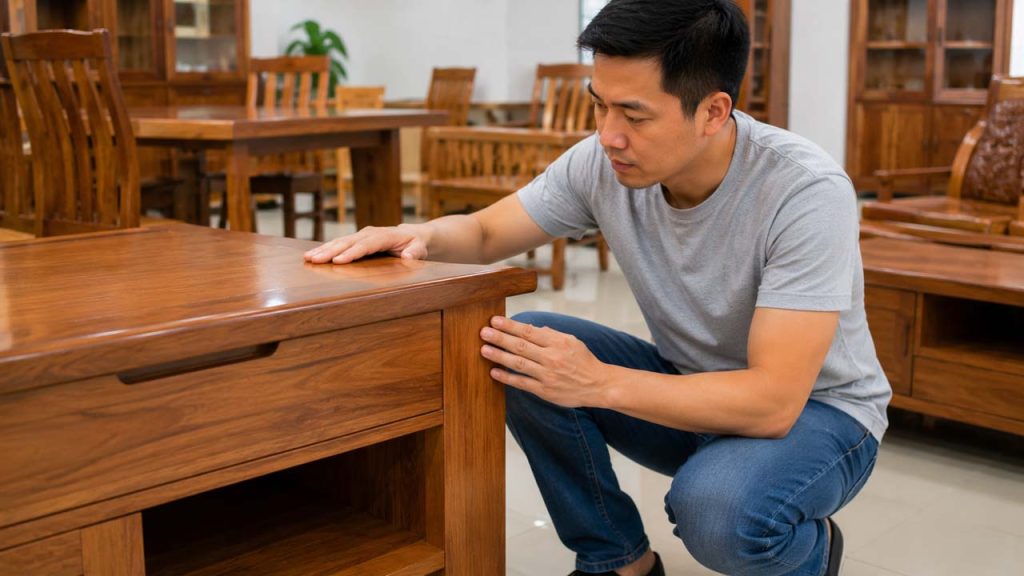 Một người kiểm tra chất lượng đồ gỗ đã qua xử lý chống mối mọt trước khi mua.