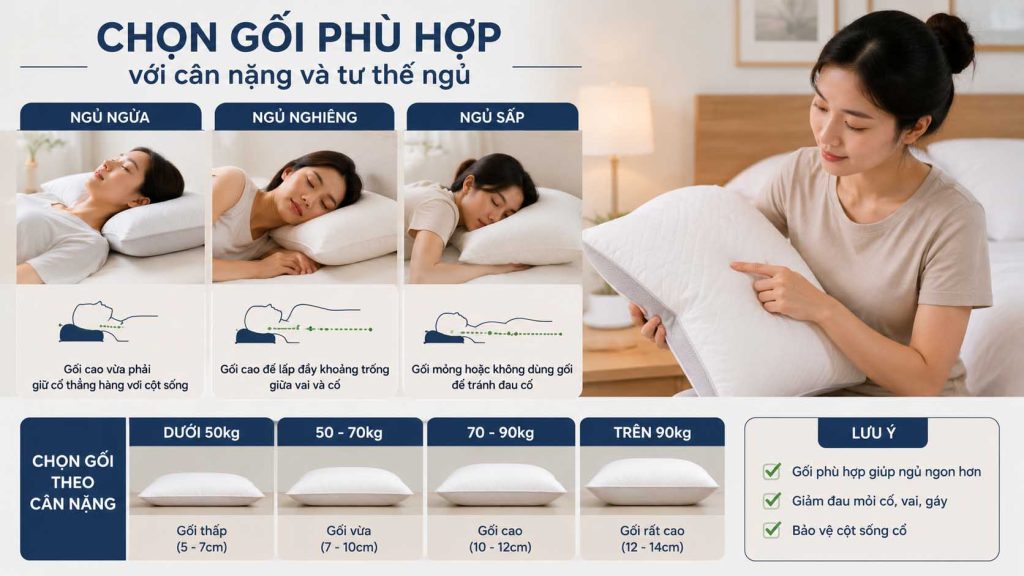Chọn gối phù hợp với cân nặng và tư thế ngủ