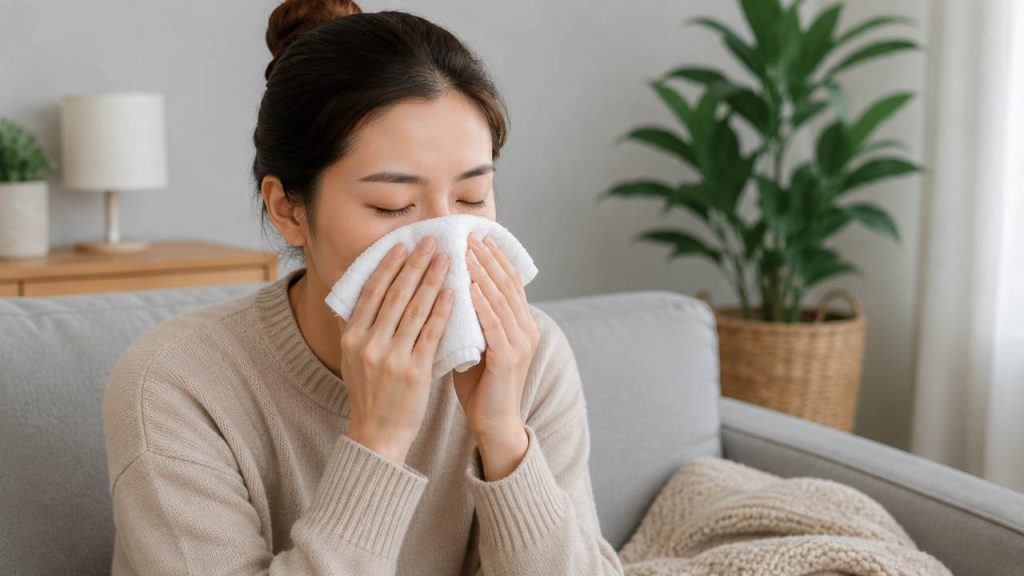 Chườm khăn ấm lên vùng mũi để giảm khó chịu