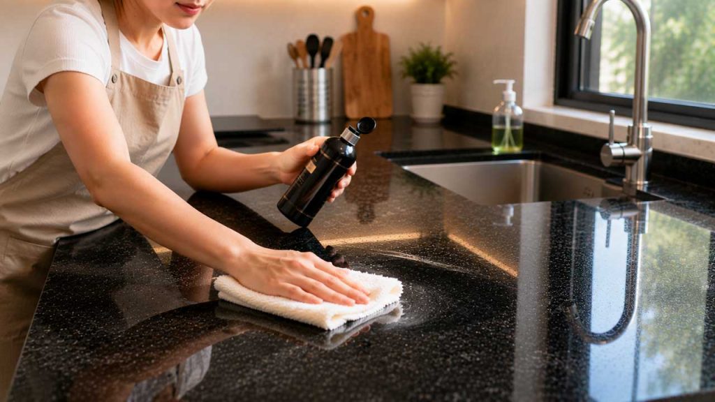 Đánh bóng mặt đá bếp bằng sản phẩm chuyên dụng