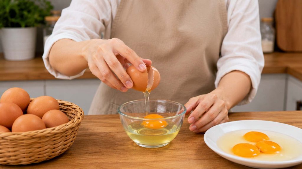 Đập trứng vào bát trước khi nấu
