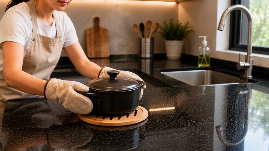 Đặt lót nồi cho đồ quá nóng trên mặt đá bếp