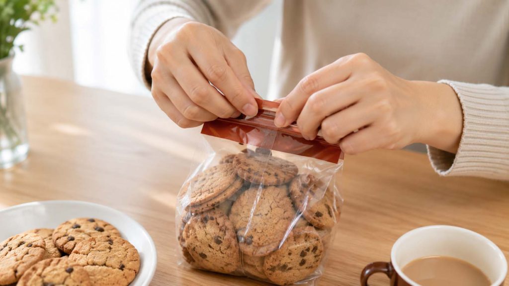 Đậy kín bao bì bánh quy ngay sau khi sử dụng để hạn chế bánh hút ẩm và bị mềm.