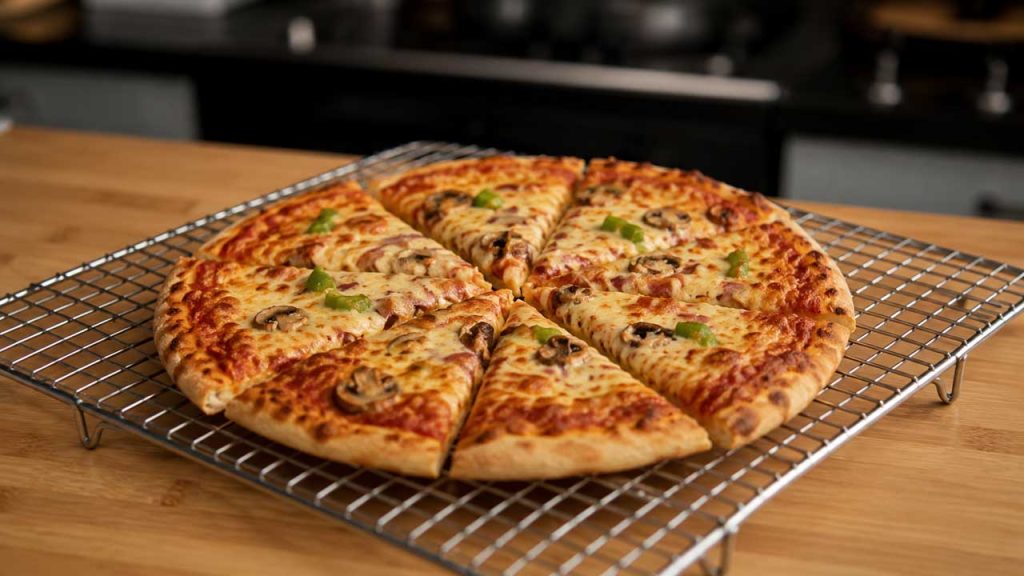 Để bánh pizza nguội hoàn toàn trước khi cho vào hộp bảo quản giúp hạn chế hơi nước làm bánh bị mềm.