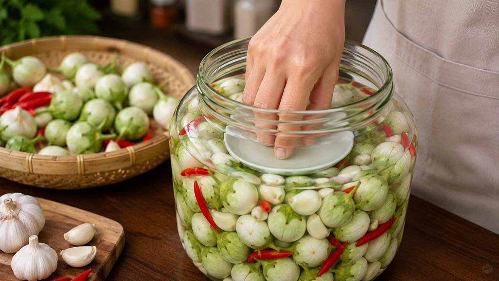 Dùng vật nén để giữ cà pháo ngập hoàn toàn dưới nước muối