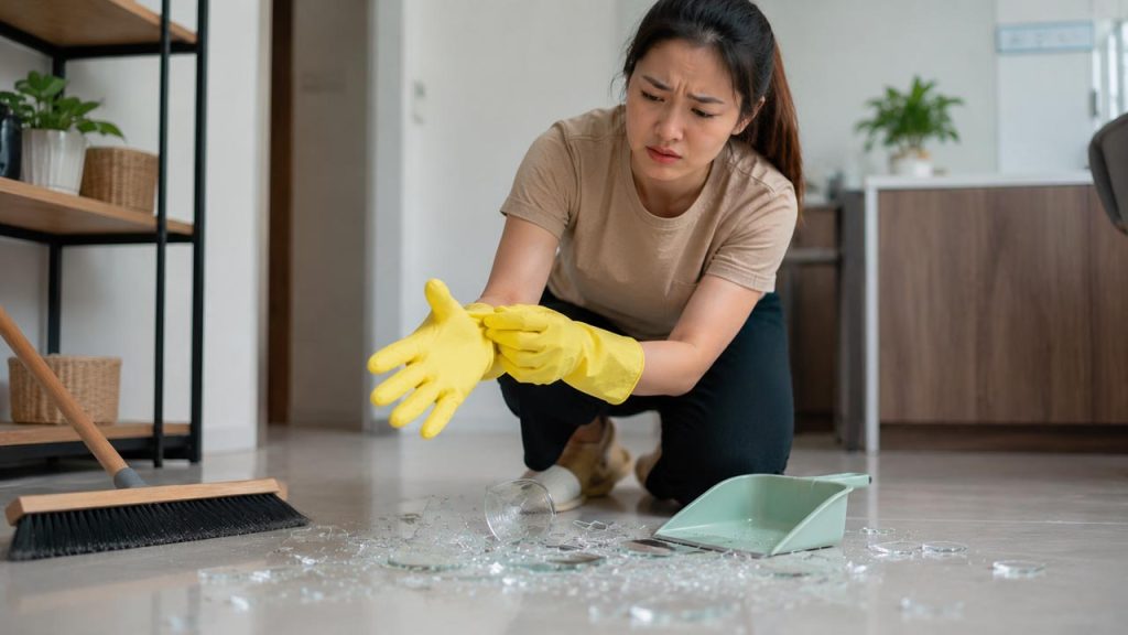 Đeo găng tay bảo hộ khi gom mảnh kính vỡ