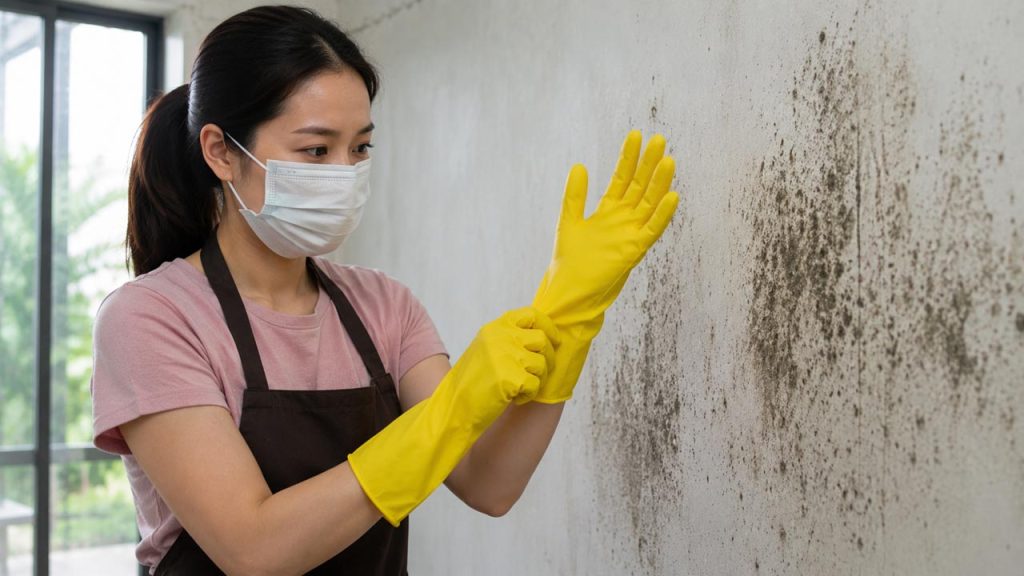 Đeo găng tay và khẩu trang trước khi vệ sinh nấm mốc