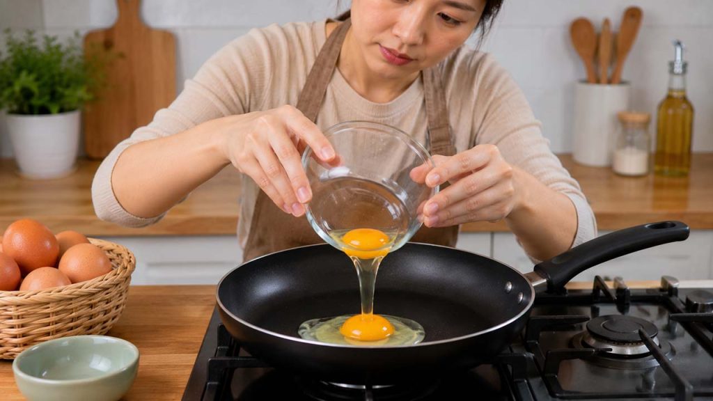 Đổ trứng vào chảo nhẹ nhàng
