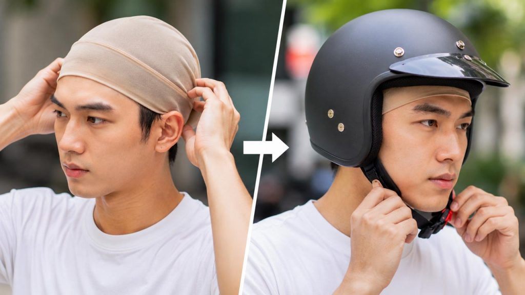 Đội khăn lót hoặc mũ lưỡi trai mỏng trước khi đội nón bảo hiểm