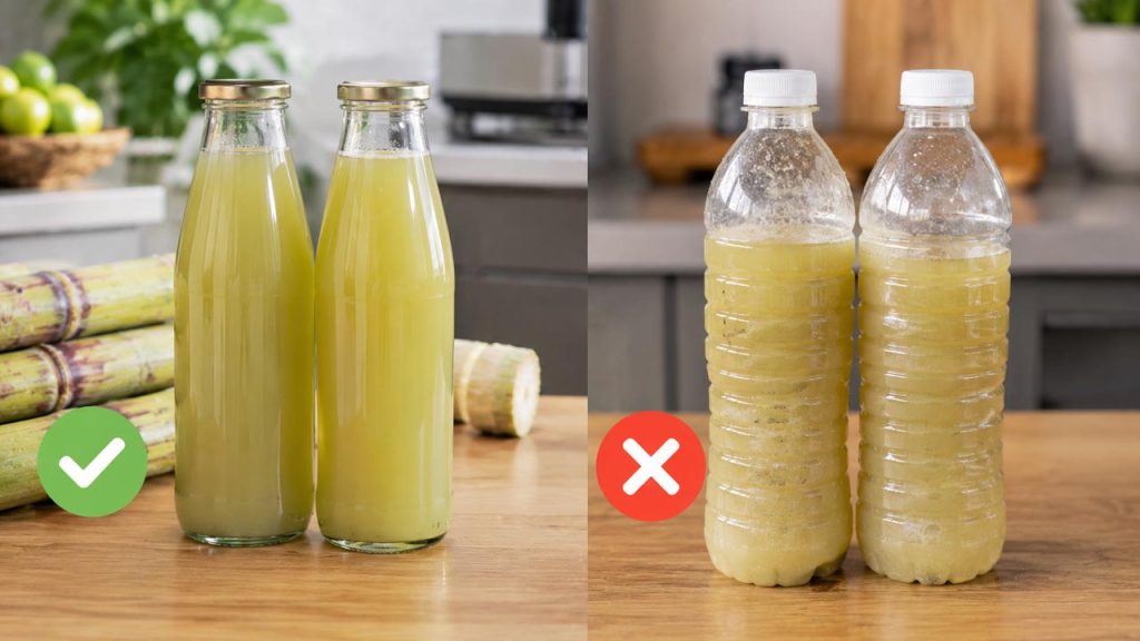 Nước mía được đựng trong chai thủy tinh sạch thay vì chai nhựa cũ đã qua sử dụng