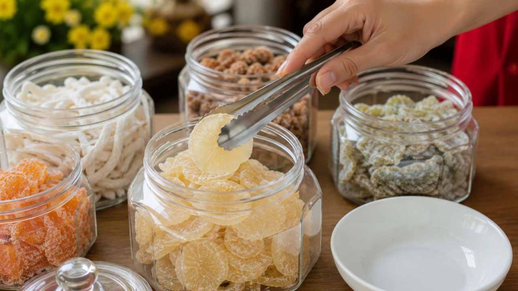 Dùng kẹp hoặc muỗng sạch để lấy mứt Tết