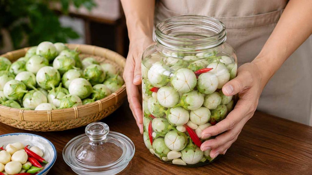 Cà pháo được muối trong hũ thủy tinh sạch có nắp đậy kín