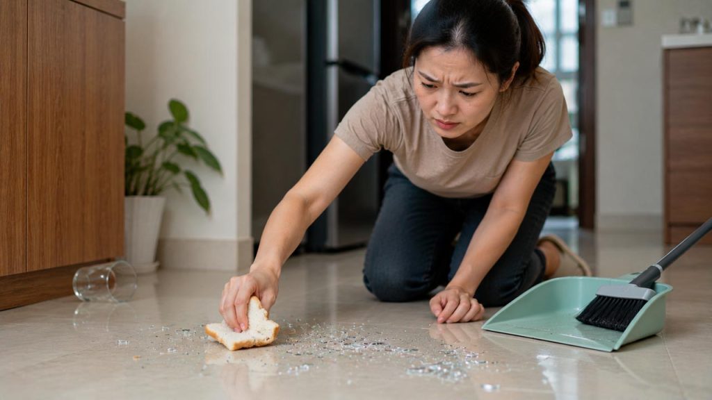 Dùng khăn ẩm hoặc bánh mì để gom mảnh kính nhỏ