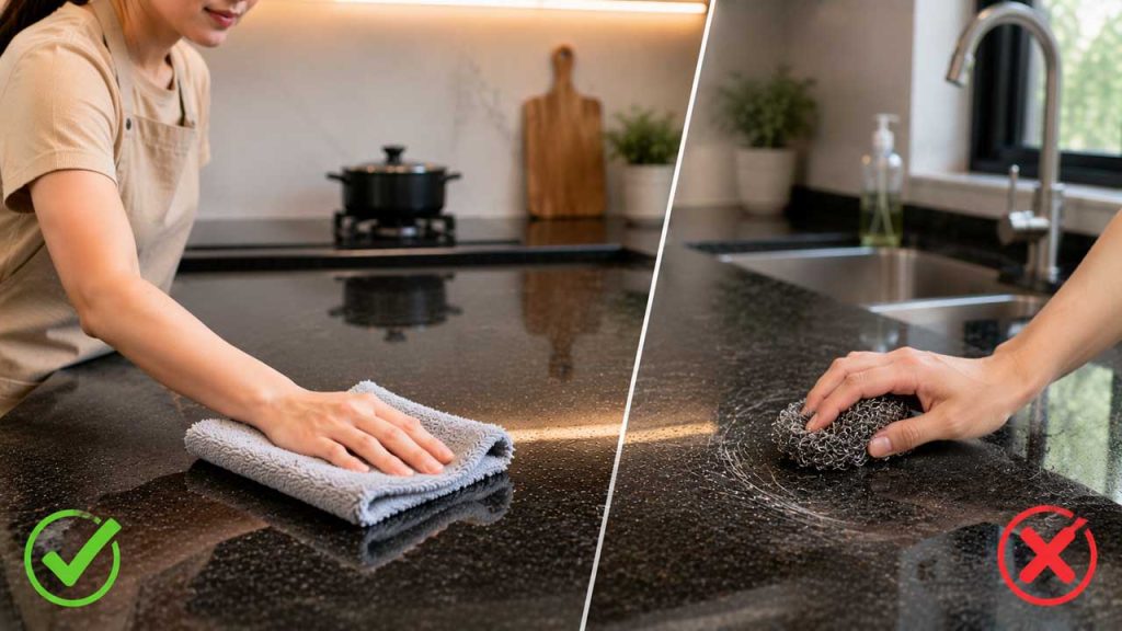 Dùng khăn mềm thay vì búi cọ kim loại để vệ sinh mặt đá bếp