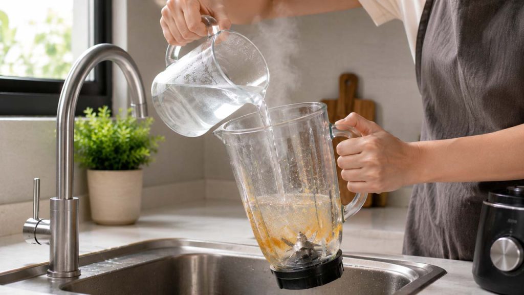 Dùng nước ấm ngay sau khi xay giúp vệ sinh máy xay dễ hơn