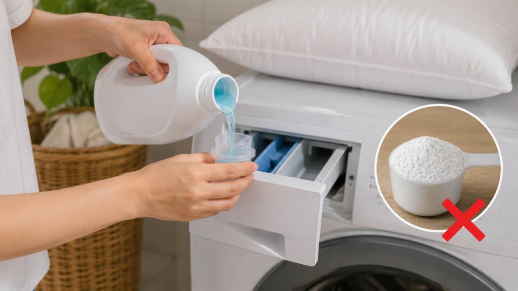 Dùng nước giặt giúp ruột gối sạch và ít cặn hơn