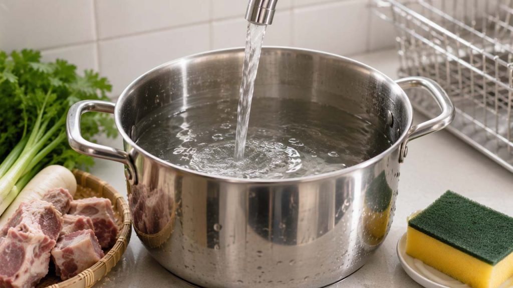 Nồi inox sạch được đổ đầy nước sạch trước khi nấu canh