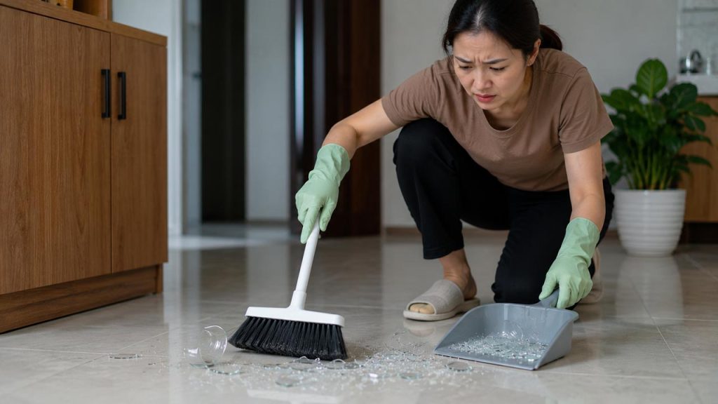 Dùng chổi và hốt rác để gom các mảnh kính lớn