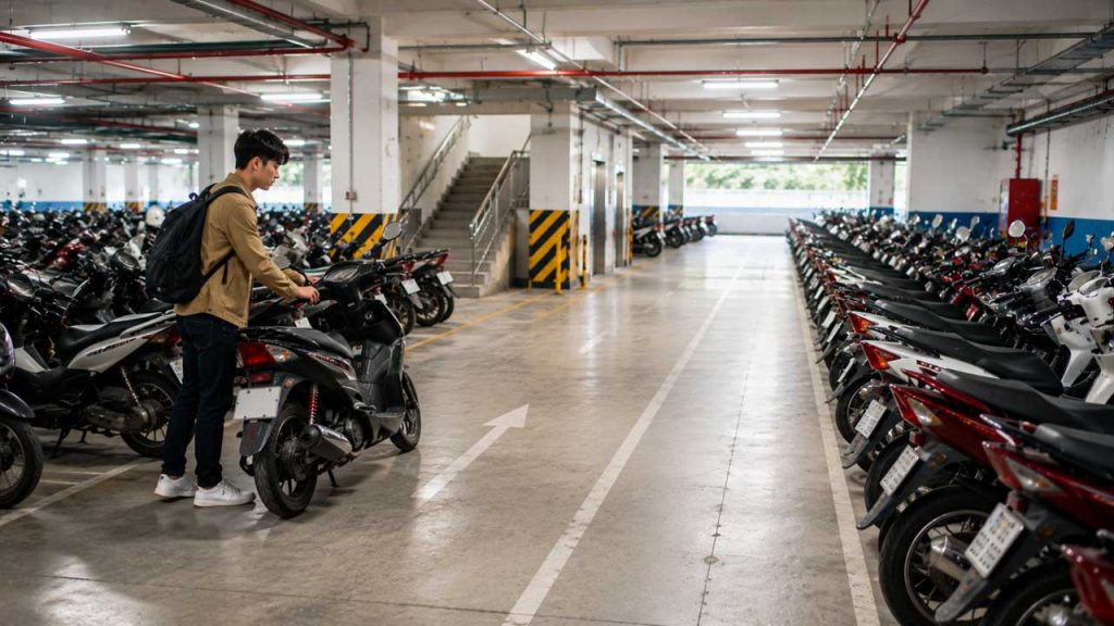Gửi xe gần lối đi trong bãi giữ xe