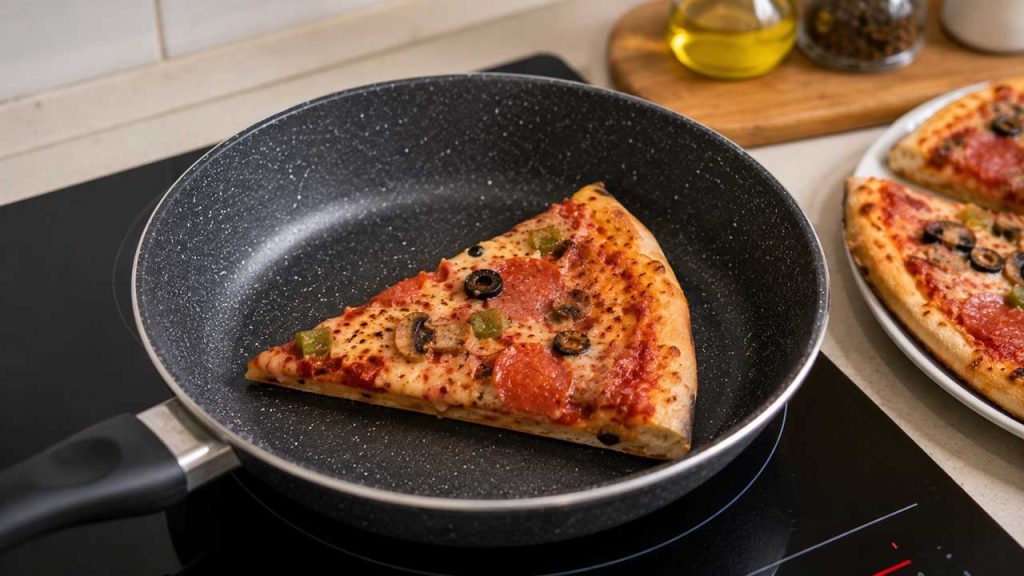 Miếng pizza được hâm nóng bằng chảo chống dính giúp giữ đế giòn và phô mai thơm ngon.