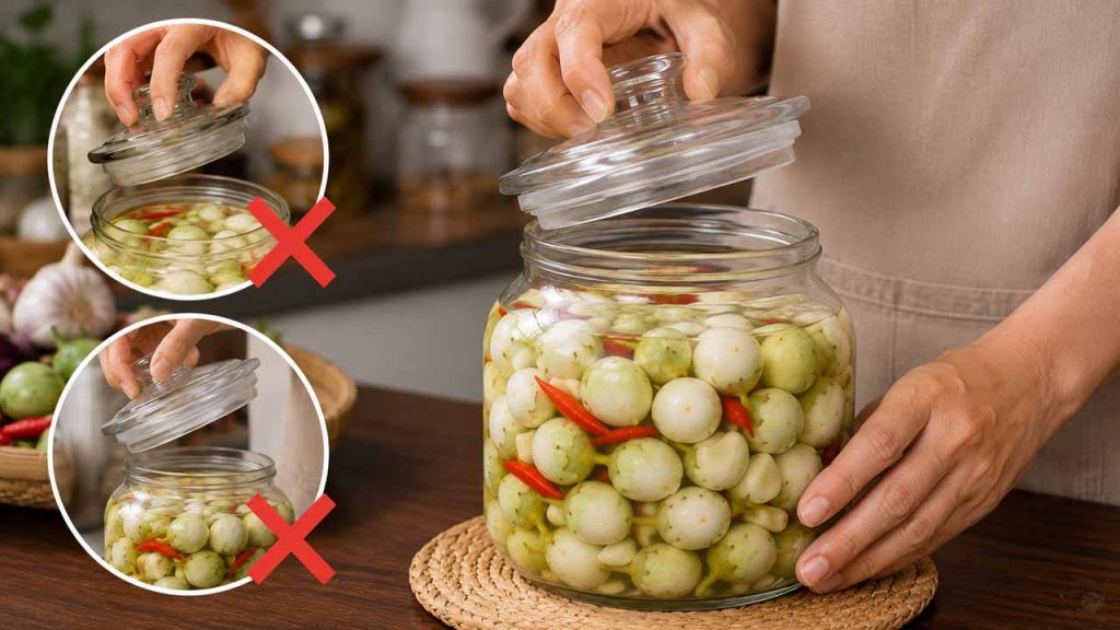 Mở nắp hũ cà pháo muối quá nhiều lần làm cà dễ nổi váng và nhanh hỏng