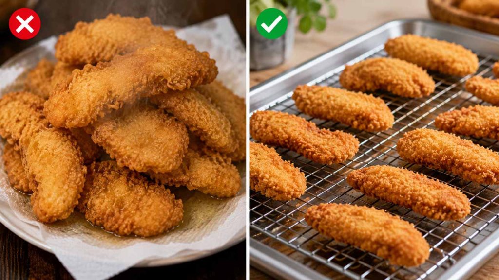 Không xếp chồng món chiên để tránh hơi nước làm mềm