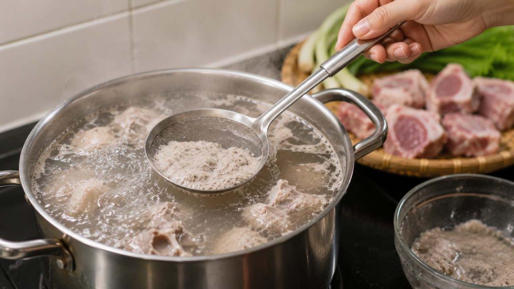 Dùng vá hớt bọt nổi trên nồi canh để giữ nước dùng trong
