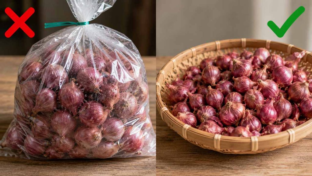 Không bảo quản hành tím trong túi nilon kín để tránh đọng hơi nước