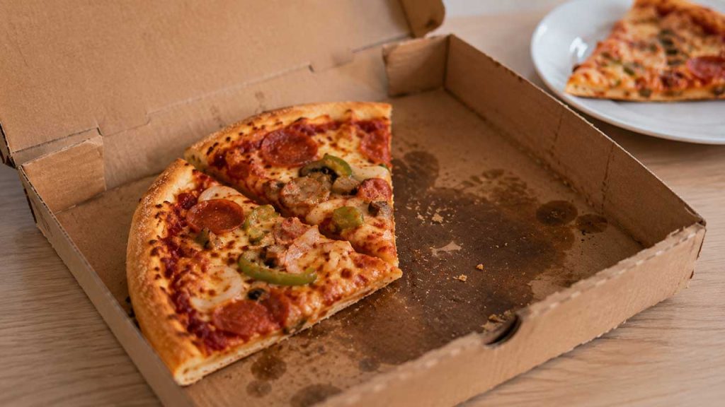 Pizza còn thừa trong hộp giấy không thích hợp để bảo quản lâu trong tủ lạnh.